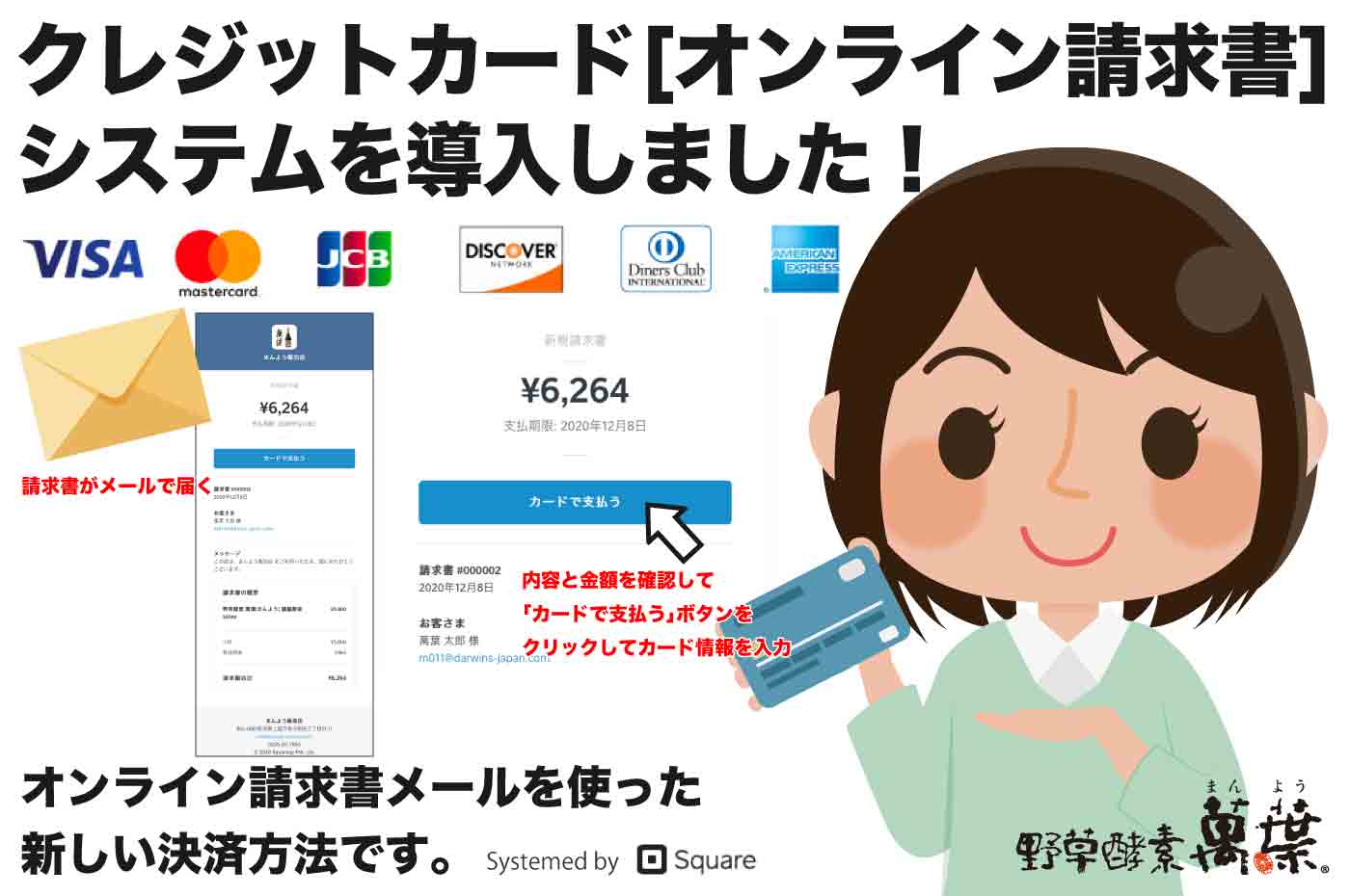 クレジットカード払い(オンライン請求書)を導入しました。VISA / MASTER / JCB / DISCOVER / Diners / American Express